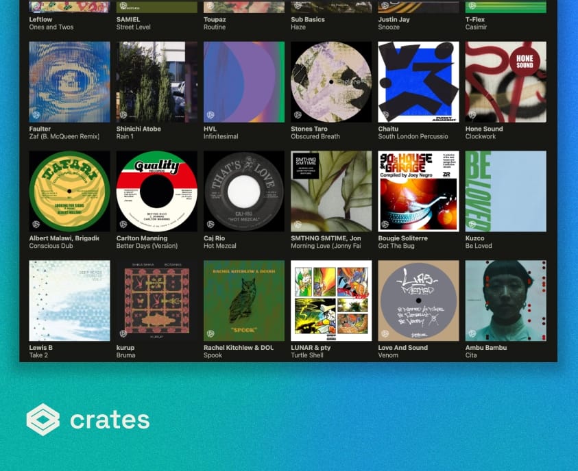 Crates music library displaying a grid of album covers from an organized music collection.