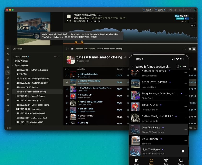 Crates desktop and mobile apps showing the same playlist and tracklist for listening away from home.