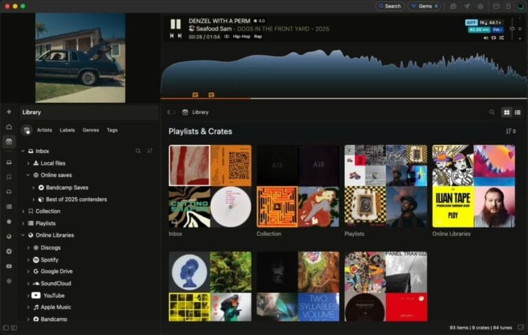 Crates music library manager showing a browsable library, playlists, and connected online sources.